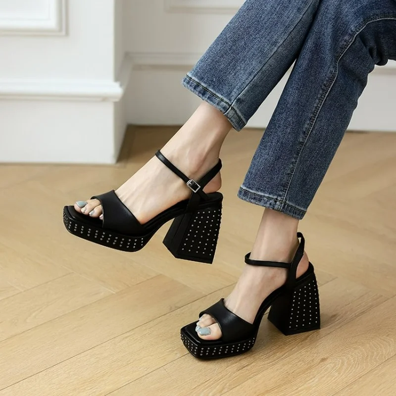

LeShion Of Chanmeb INS Trendy Real Leather Sandals Woman Small Rivets Embellish Fashion Ladies Block High Heels Platform Sandals