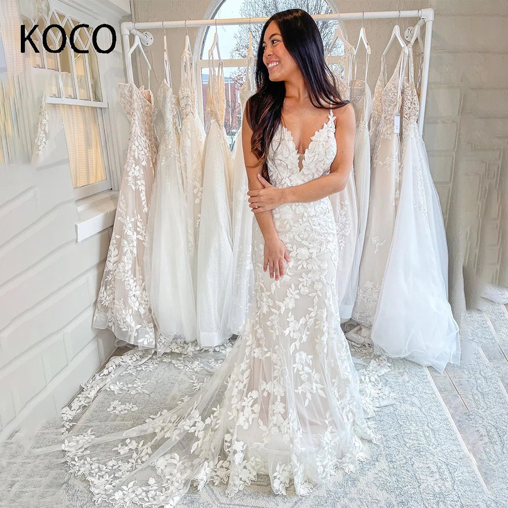 

MACDOUGAL Sexy Mermaid Deep V-neck Wedding Dress Lace Appliques Mermaid Bridal Gowns Spaghetti Straps robe de mariée For Women
