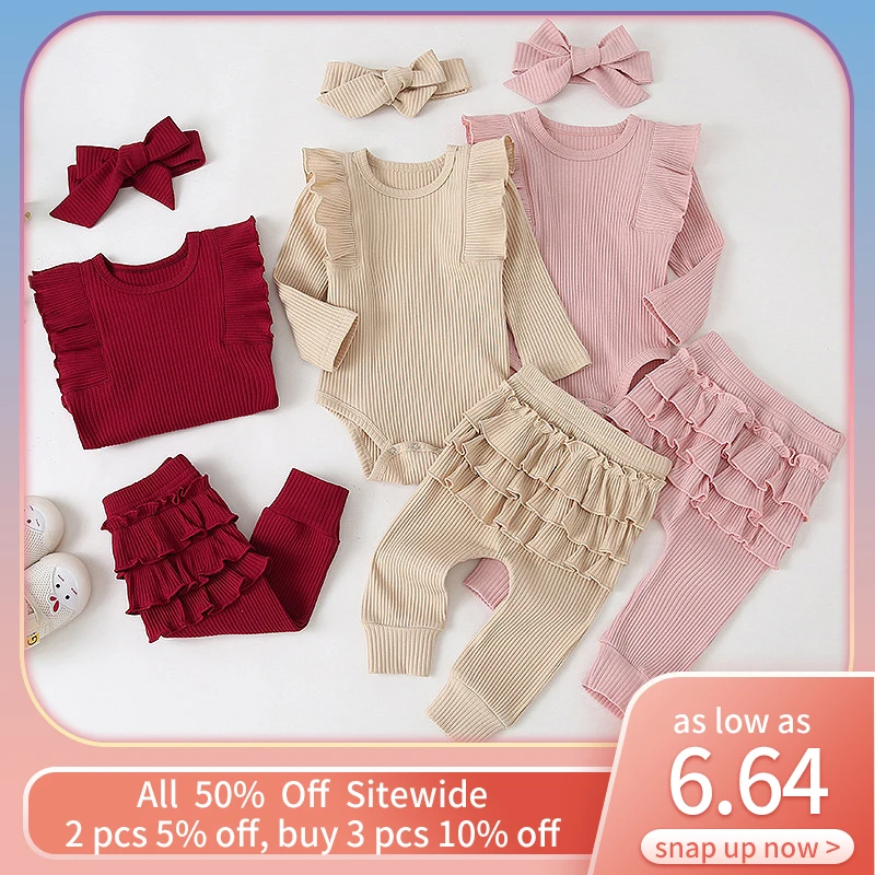 

3-18M Autumn Winter Long Sleeve Romper Trousers + Bow Headband Set Infant Todder Solid Color Knitted Ruffle Jumpsuit Outfits