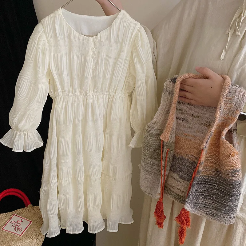 

2023 New Girls' Lace-up Knitted Vest Waist Slimming Midi Dress