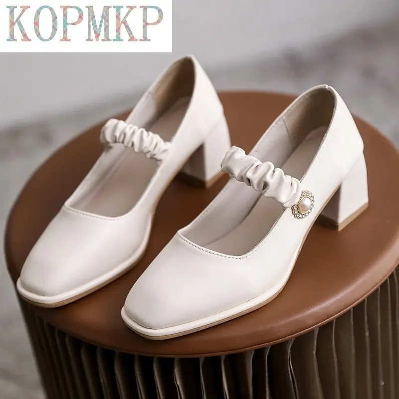 

Spring High Heels Pumps Pearl Women's New Leather Square Toe Mary Jane Shoes Shallow Mouth Thick Heel Shoes Ladies Dress Shoes