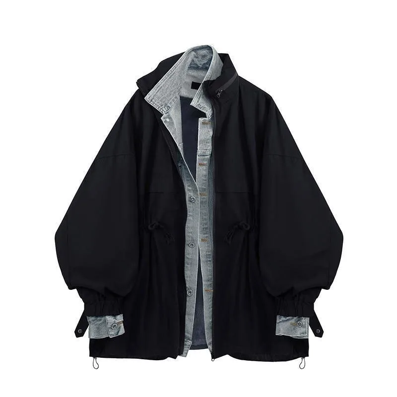 

Denim men's coat loose hooded fake two-piece top Korean casual stitching