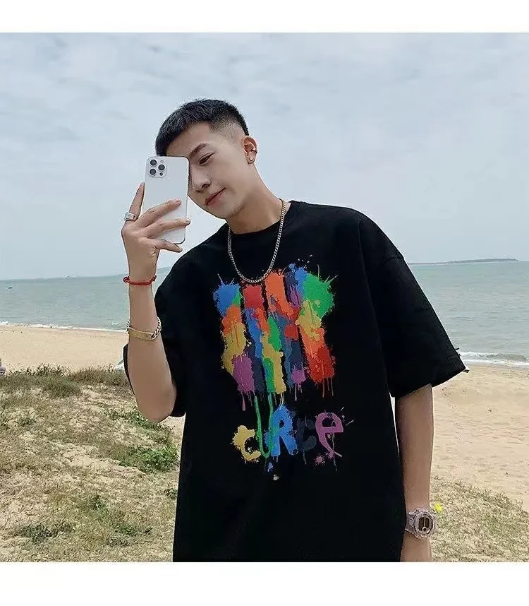 

Summer cartoon cotton T-shirt loose five-quarter sleeve handsome top M-4XL