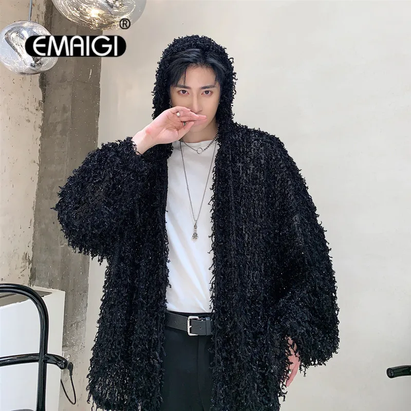 

Men Hair Tassel Loose Casual Hooded Jacket Male Women Streetwear Hip Hop Gothic Black Cloak Cardigan Coat Outerwear