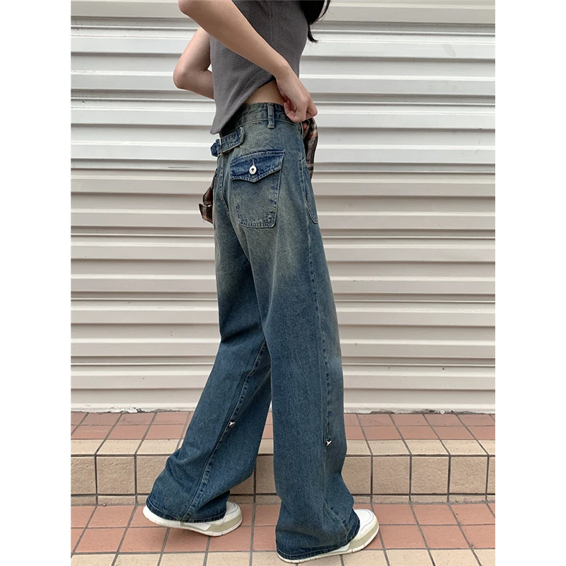 

Blue Women's Straight Jeans High Waist American Style Streetwear Vintage Pants Chic Design Casual Ladies Denim Wide Leg Trouser