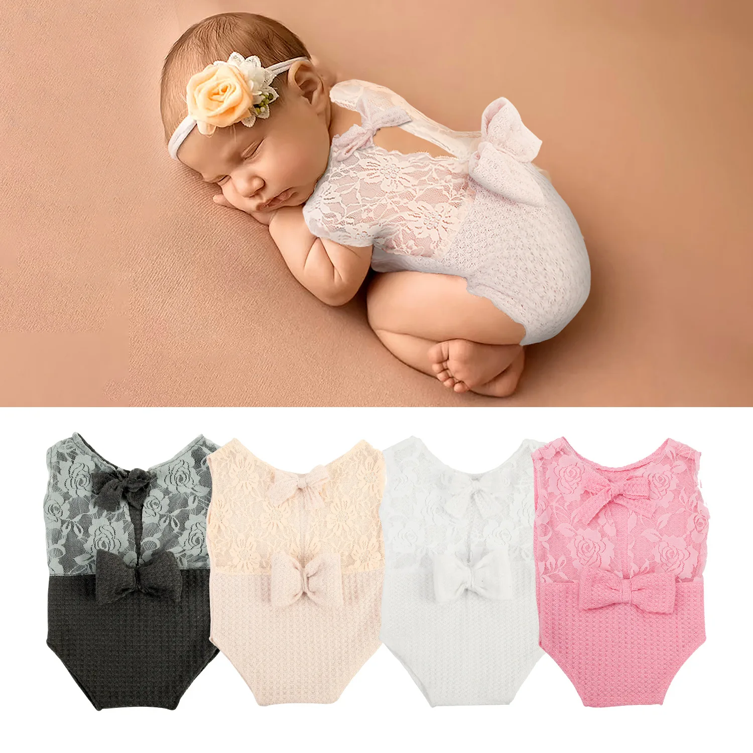 

Newborn photography clothes lace stitching bow photo clothes props baby solid color one-piece romper
