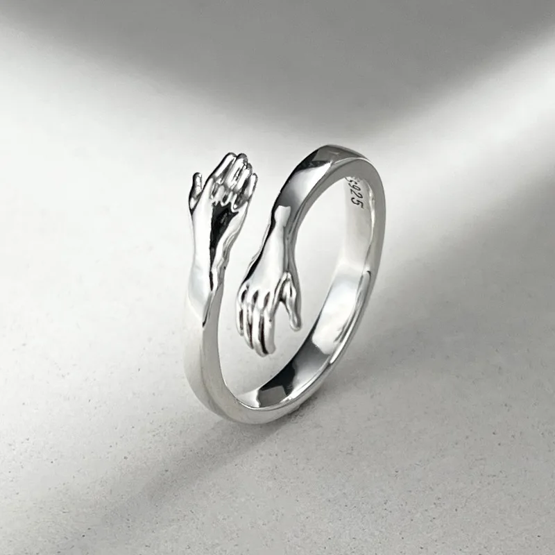

S925 Silver European And American Retro Love Hug Ring Open Ring Couple Embrace Men And Women Valentine'S Day Gift