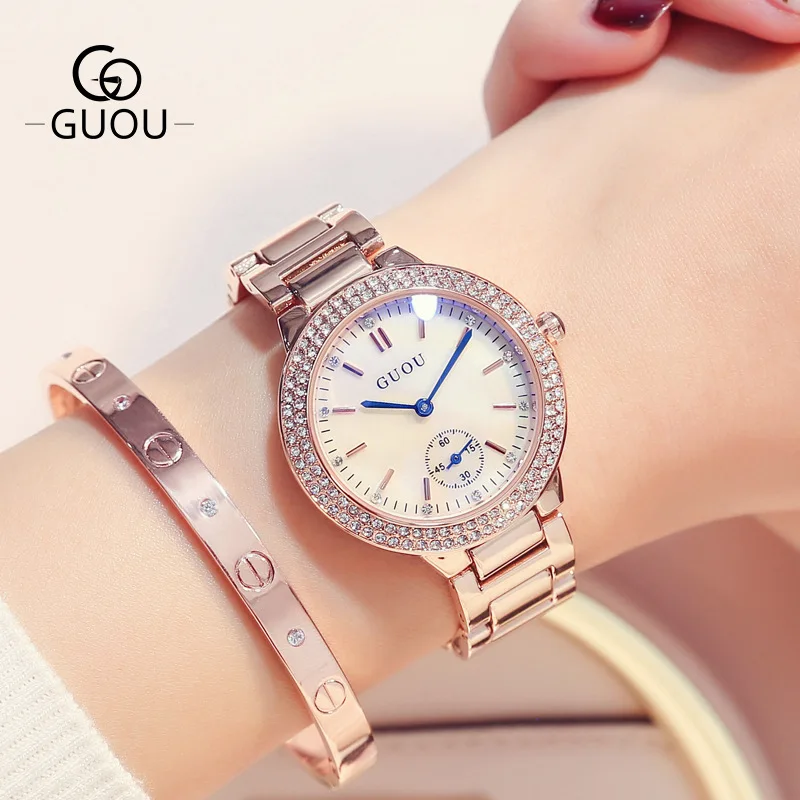 Guou Fashion Ladies Quartz Watch Air Full Diamond Watch Frame Blue Mirror Student Waterproof Steel Band Watch