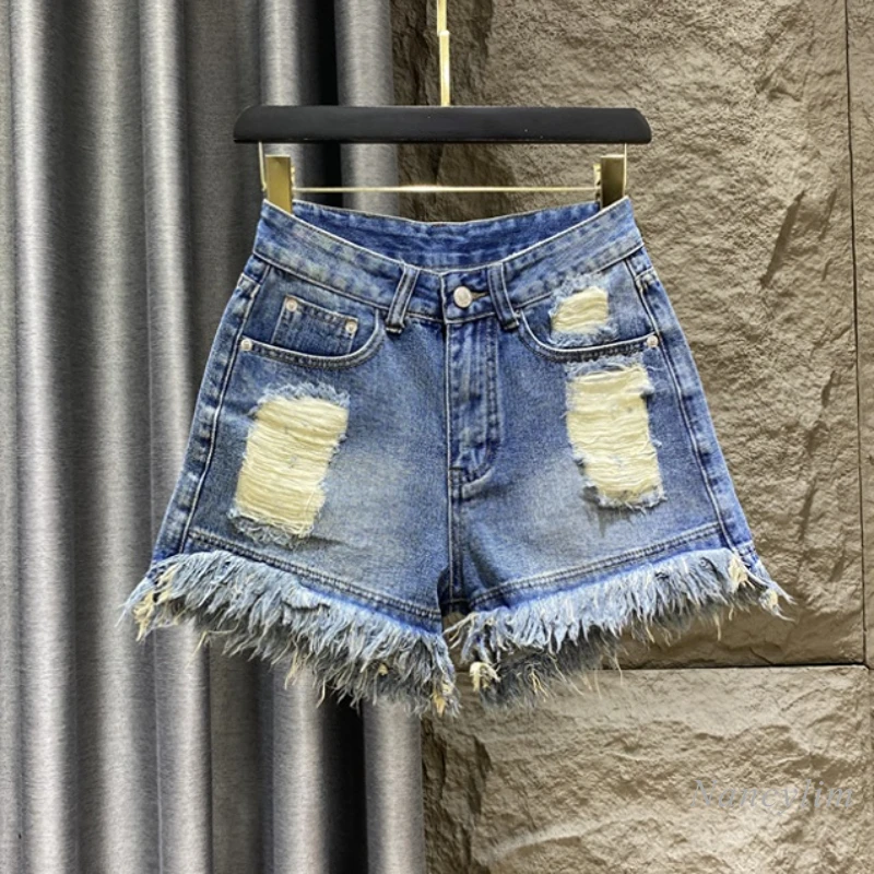 

2022 Summer New Make Old Ripped Raw Edge Denim Shorts Women's Worn High Waist A- Line Hot Pants Blue