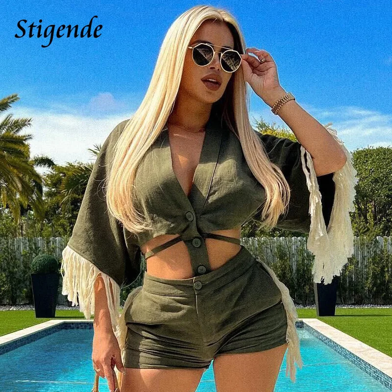 

Stigende Stylish Fringe Tassel Two Piece Set Women Sexy Club Party Outfits V Neck Single Breasted Bandage Crop Top and Shorts