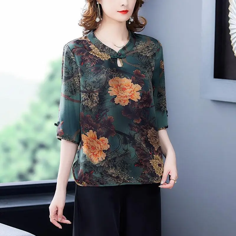 

2023 women chinese qipao tops tang suit chinese traditional qipao satin blouse flower prirnt cheongsam blouse retro hanfu shirt