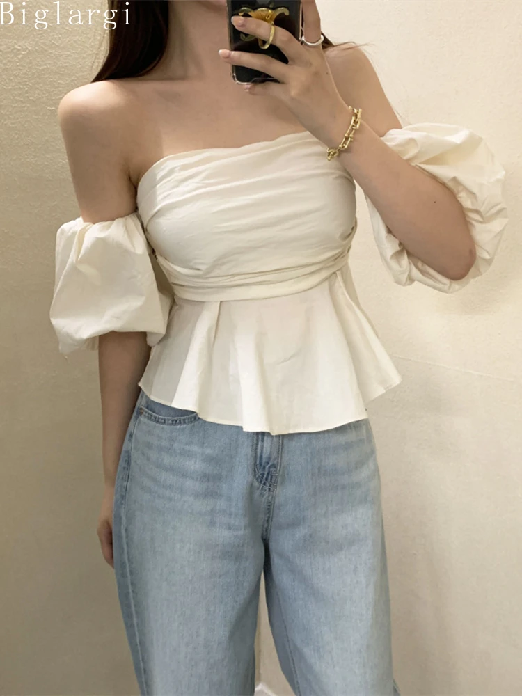 

Sexy Fashion Off Shoulder Puff Sleeve Blouse Summer Casual Women Blouses Ladies Womens Korea Woman New Pleated Tight Shirt Tops