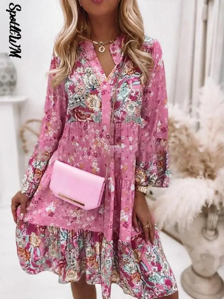 

Spring Women Vintage Floral Print Flare Sleeve Dress Female Fashion V Neck Ruffle Boho Beach Dress 2022 Chic Oversized Robe