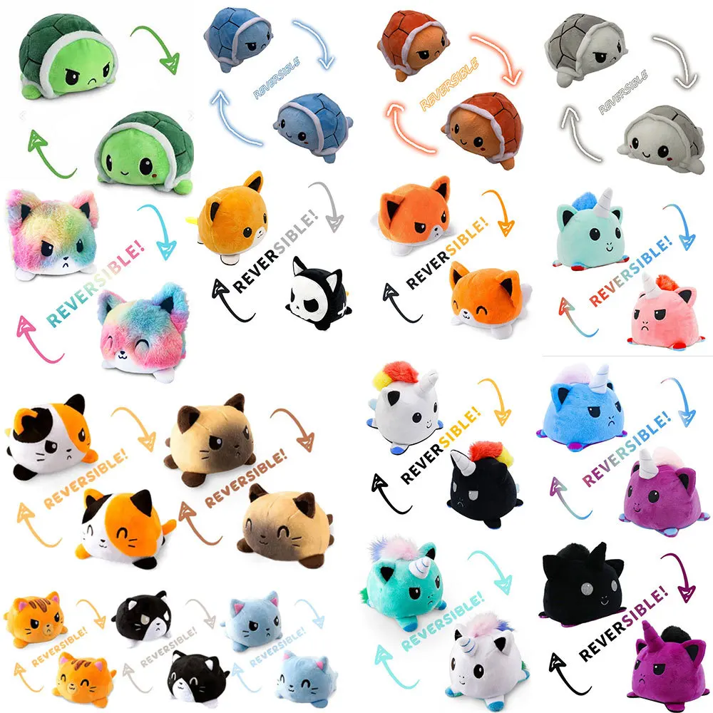 

Reversible Animal Cat Cartoon Unicorn Turtle Penguin Owl Lion Soft Stuffed Plush Toy Double-sided Flip Kawaii Doll for Kid Baby