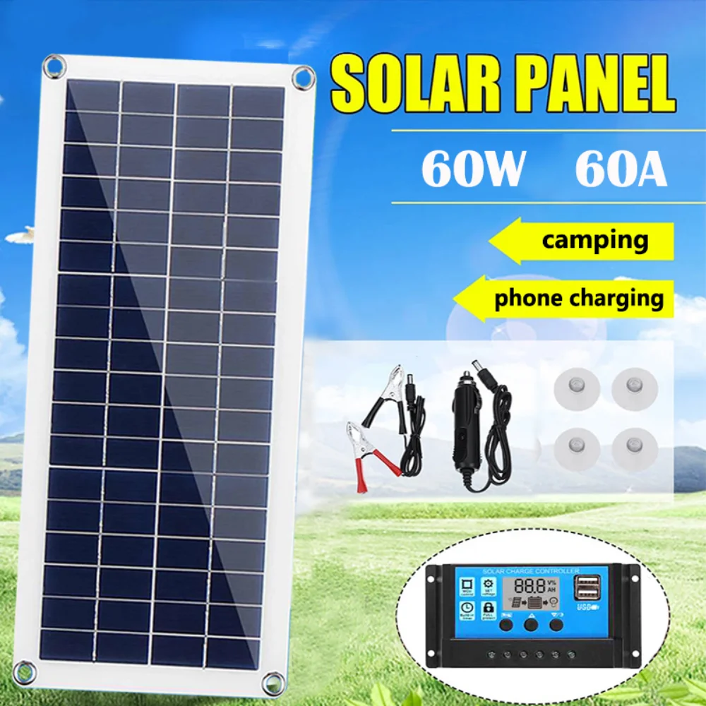

60W Solar Panel Kit Complete 12V Dual USB With 10-60A Controller Solar Cells for Car Yacht RV Boat Moblie Phone Battery Charger