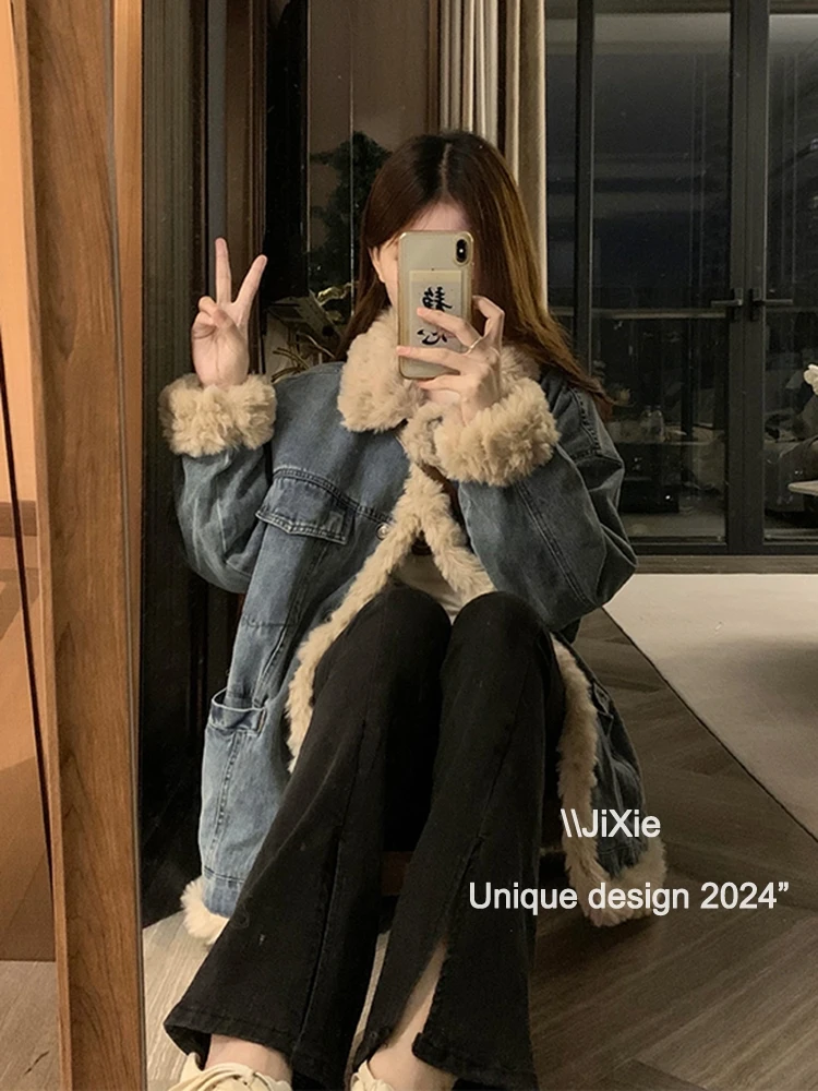 Thickened Fleece-lined Quilted Lamb Wool Denim coat Women Winter Cotton-Padded Clothes High Sense Berber Fleece Parker ...