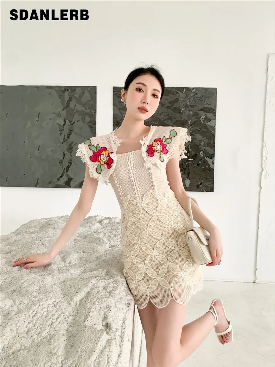 

Женское приталенное платье, кружевное платье средней длины во французском ретро-стиле с вышивкой машинной обработки и высокой талией, лето ...