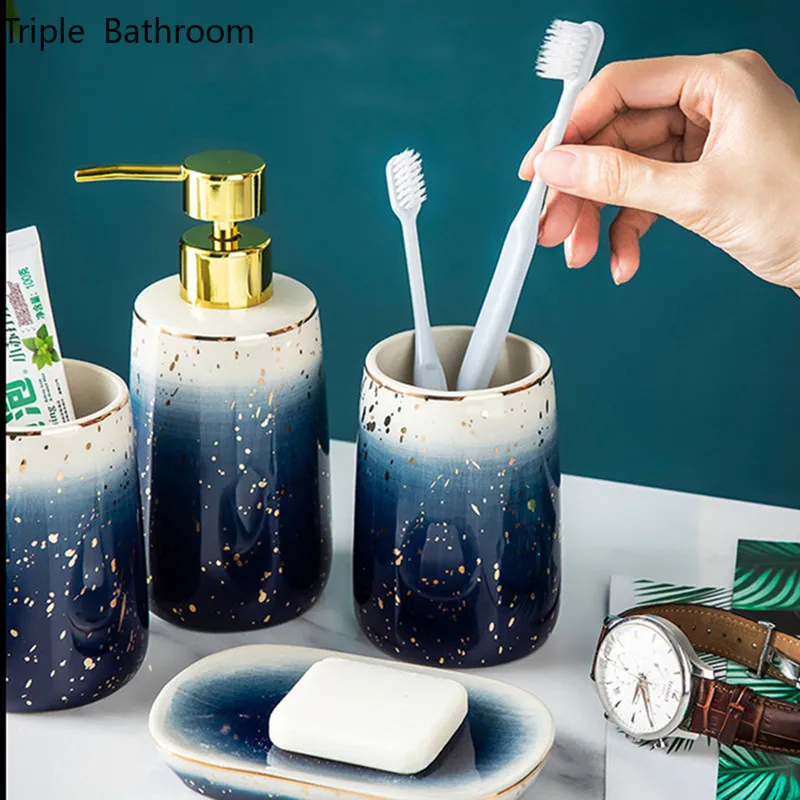

Light luxury Gradient Blue Ceramic Four-piece suit Soap Dispenser Gargle Cup Toothbrush Holder Christmas Bathroom Decoration