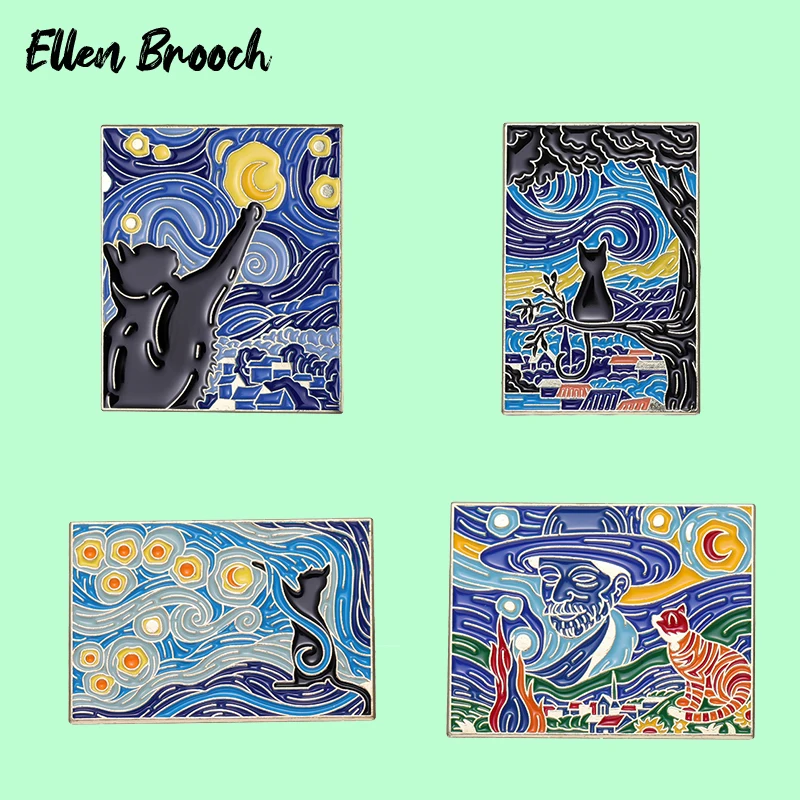 

Cat Oil Painting Enamel Pins Van Gogh Starry Night Art Brooch Funny Animal Lapel Badges Jewelry Gift for Friends KIds