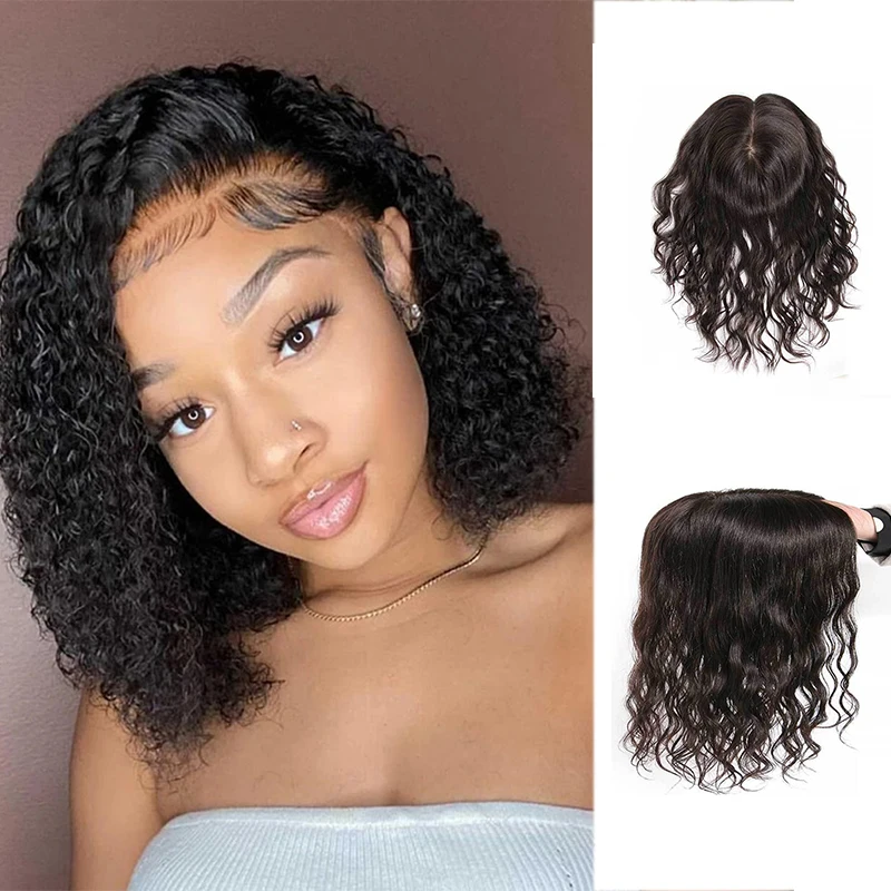 

Kinky Curly Short Bob Human Hair Topper With Clips In 7x10 Silk Top Virgin European Hair Toupee for Black Women Fine Hairpiece
