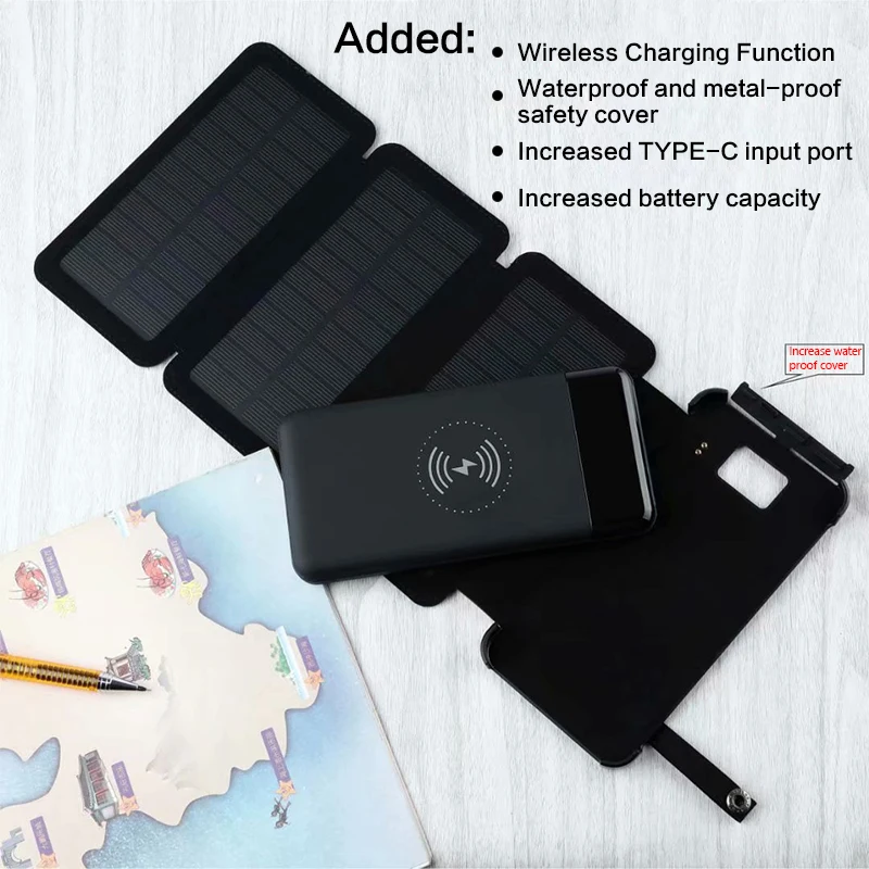 

12000mAh Large Capacity Universal Solar Powerbank External Battery Pack Wireless Charger Phone Waterproof Foldable Power Bank