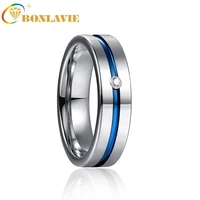 bonlavie 6mm tungsten carbide ring steel color flat polished blue groove inlaid zircon mens fashion wedding jewelry best gift