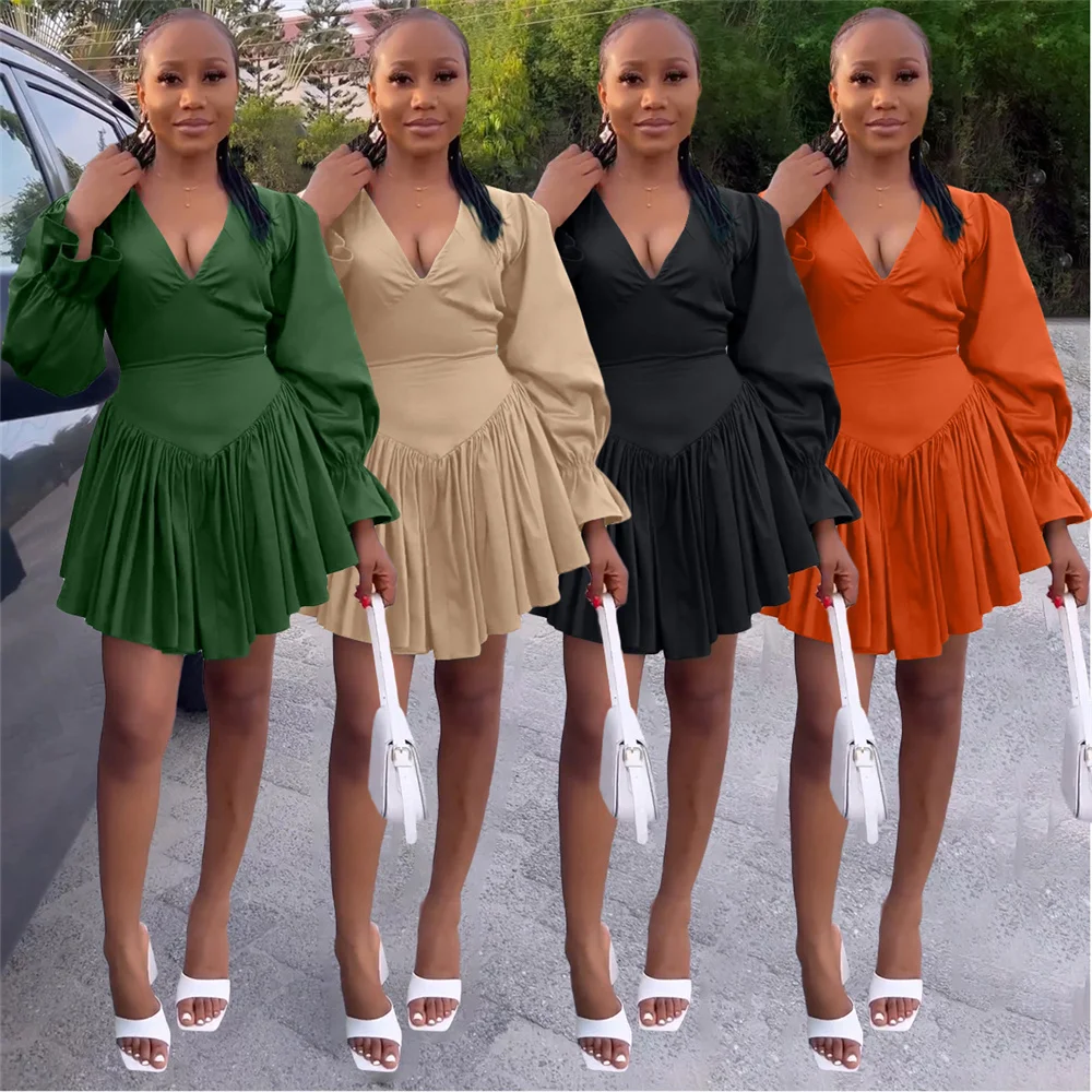 

Женское плиссированное платье, облегающее мини-платье на молнии с V-образным вырезом и пышными рукавами, сексуальная одежда для новечерние ...