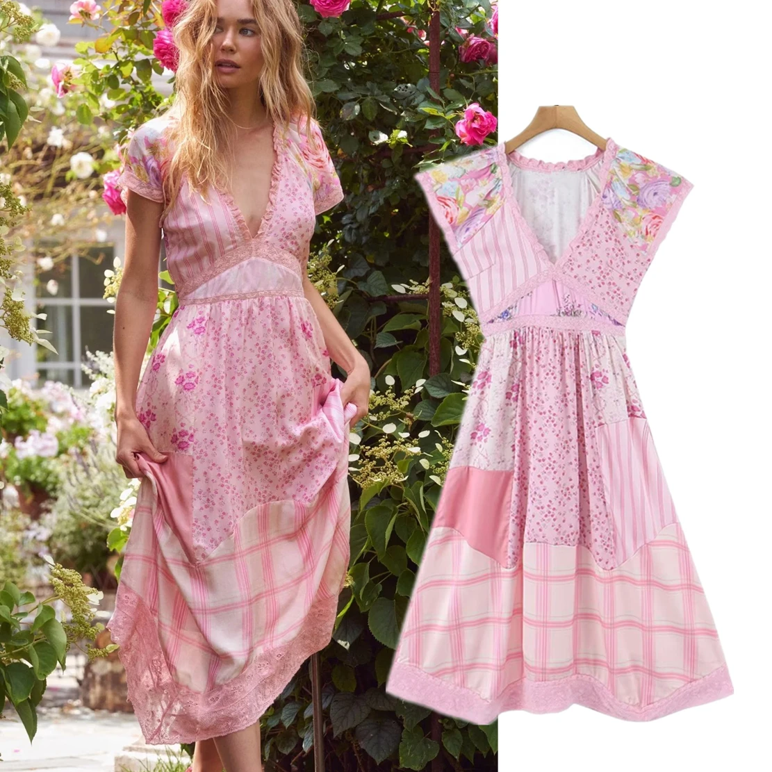

Elmsk French Party Maxi Dress Women Inide Folk Pink Floral Printing Bohemian Summer Dress