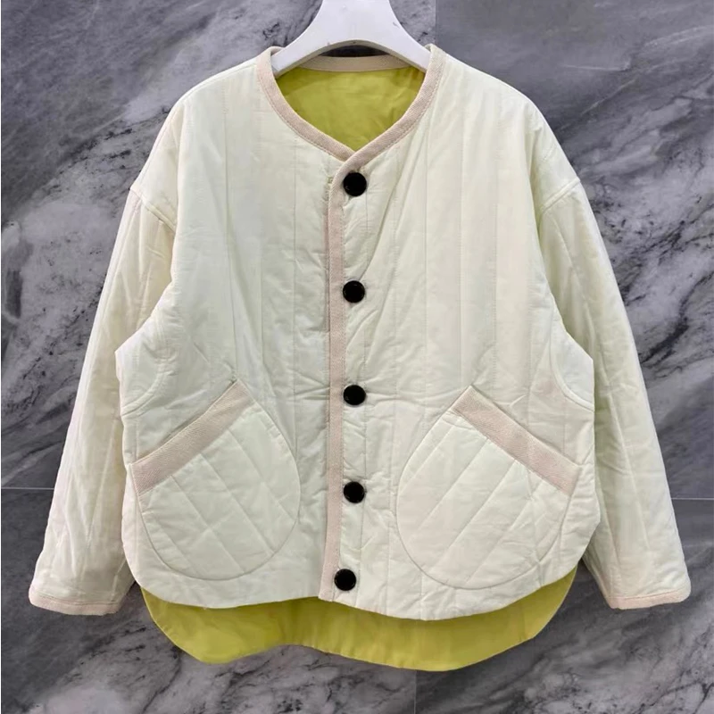 

Women Jacket Autumn and Winter Embroidered Round Neck Fashion Loose Single-breasted Reversible Thin Cotton Coat