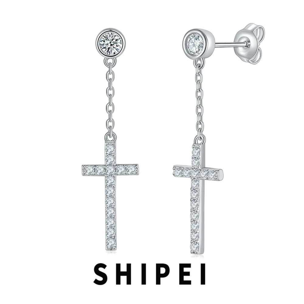 

SHIPEI D Moissanite Diamond Unisex Basic Cross Dangle Earrings Stud Fine Jewelry Fashion 100% 925 Sterling Silver Gift Wholesale