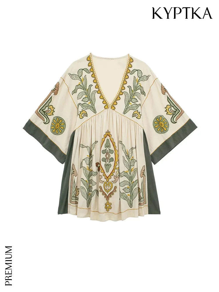 

KYPTKA Women Fashion Contrast Embroidery Linen Mini Dress Vintage V Neck Three Quarter Sleeves Female Dresses Vestidos Mujer