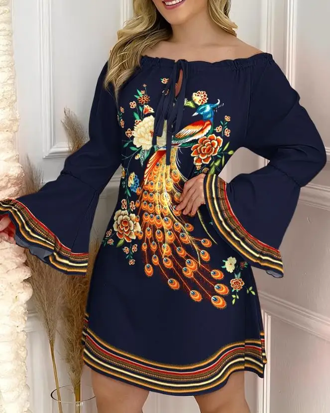 

Peacock Floral Print Casual A Line Dress European & American Fashion Women's Off Shoulder Long Sleeve Summer Mini Retro Dresses