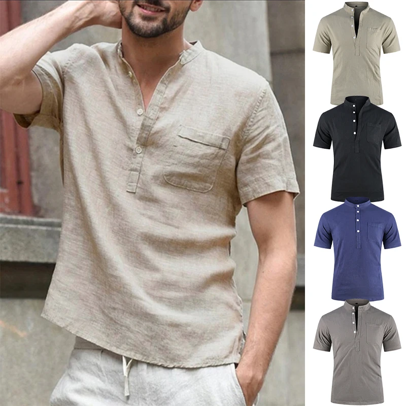 

Hot Sale Summer New Men's Casual Cotton Linen Loose Henley Shirts Short Sleeve Hippie Outdoor Beach Hiking T-Shirt Tops Size 4XL