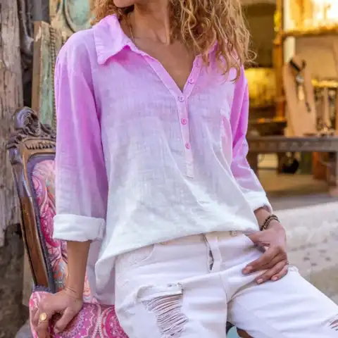 Women Blouse Tie Dye Gradient Printed Shirt V Neck Long Sleeve Button Summer Tops Loose Work Shirts Casual Blouse Women Clothing