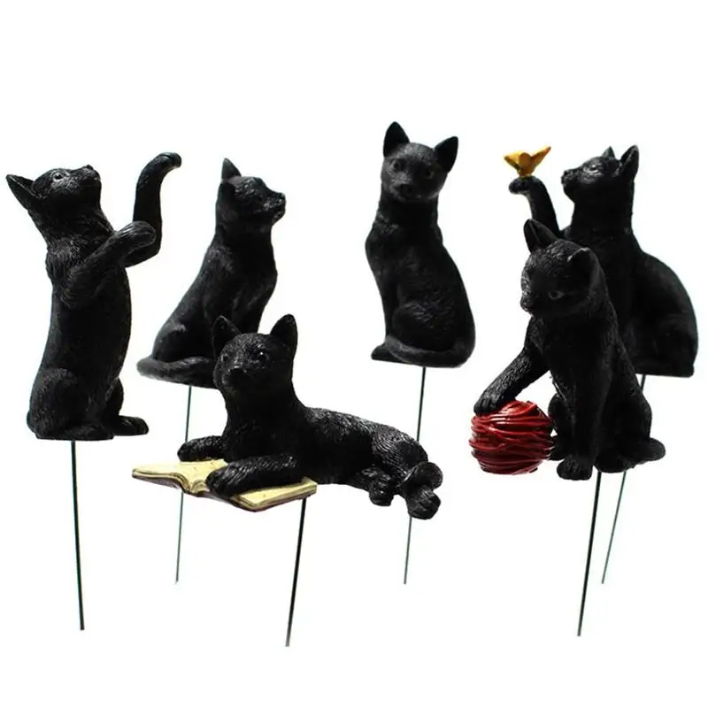 

Mini Landscape Flower Pot Plug-In With Luminous Eye Black Cat Resin Handicraft Ornaments Yard Garden Decor Kawaii Accessories