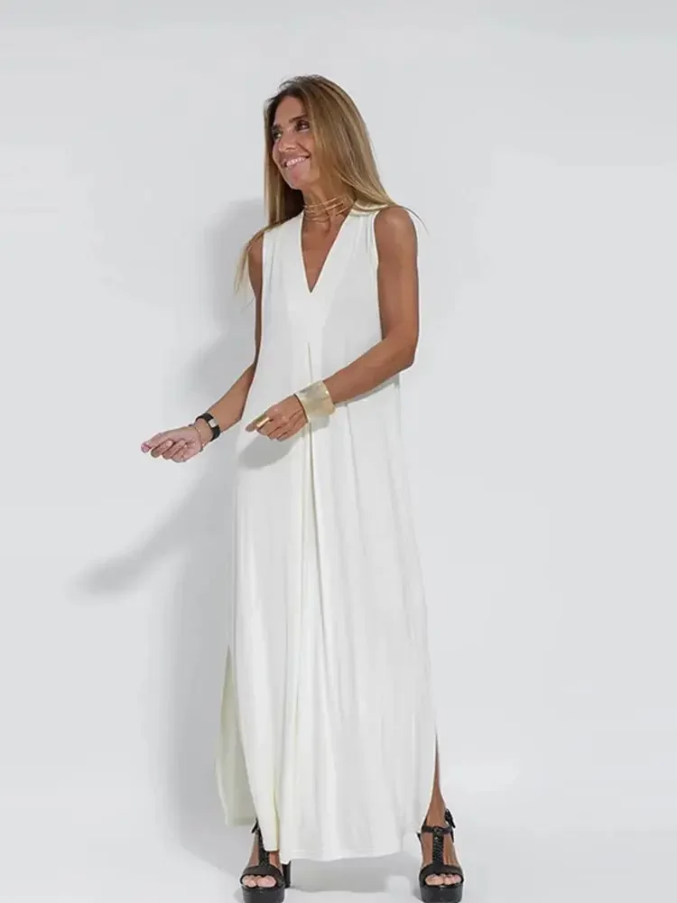 

Elegant Solid Micro Pleated Dress Robe For Women Fashion V-necked Sleeveless Midi Vestidos 2023 Summer Female Casual Dresses