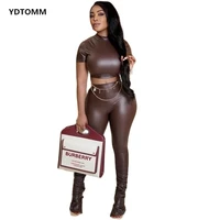 summer two piece set pu leather solid color tracksuit has stretch high street clothes for women outfit new arrival 2022