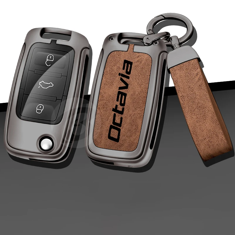 

Flip Zinc Alloy Leather Car Key Case Cover Shell For Skoda Octavia For RS 3 Combi Holder Keyring Keychain Auto Accessories