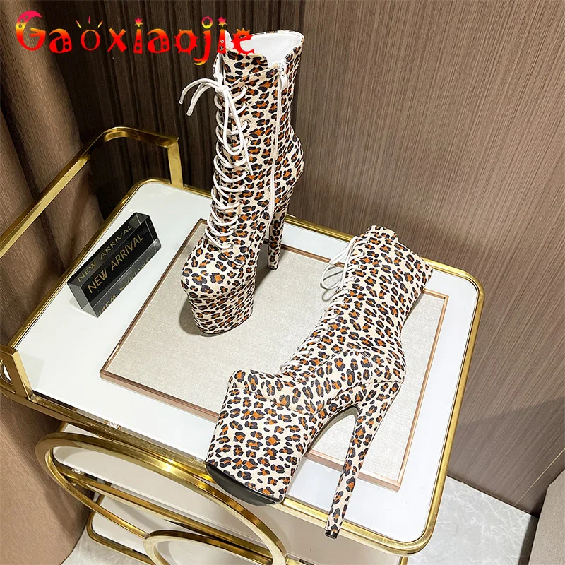 

Fashion Leopard Print Shoes For Women 20CM Thin High Heels Pumps Round Toe Platform Pole Dance Boots Nightclub New Botas Mujer