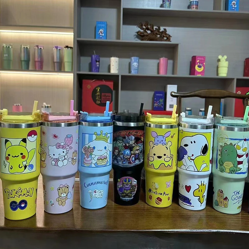 

1000ml Sanrio Hello Kitty Kuromi Tumbler Cup Thermal Mug Thermos Double Stainless Steel Non-slip High Capacity Cafe Cups Bottle