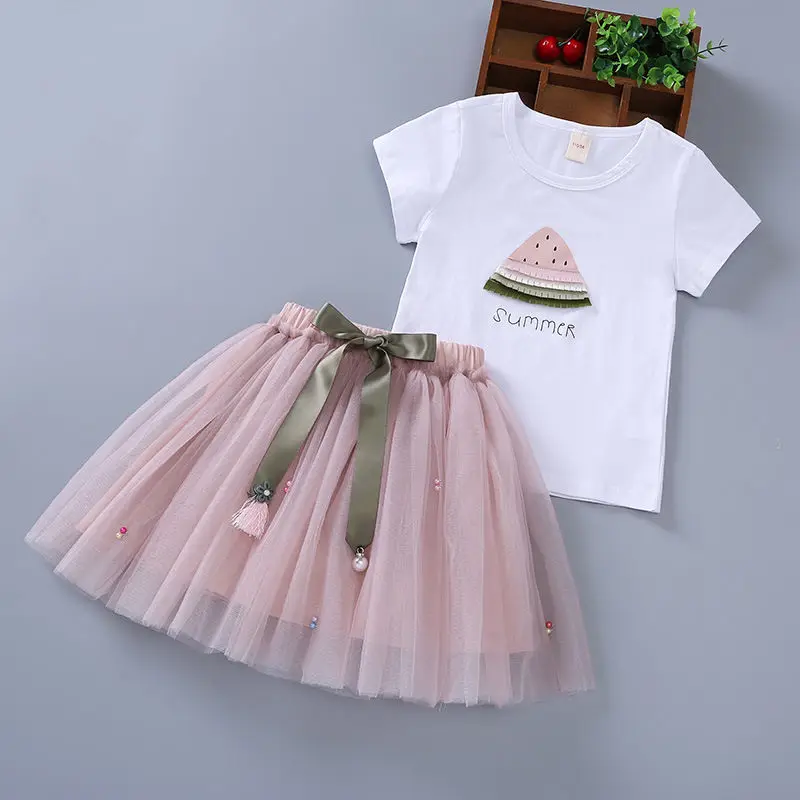 

Girls Clothing Sets Summer Girls Cotton Printed Suit Kids Clothing T-Shirt Tops and Mesh Skirt Outfits for Baby Girl Clothes