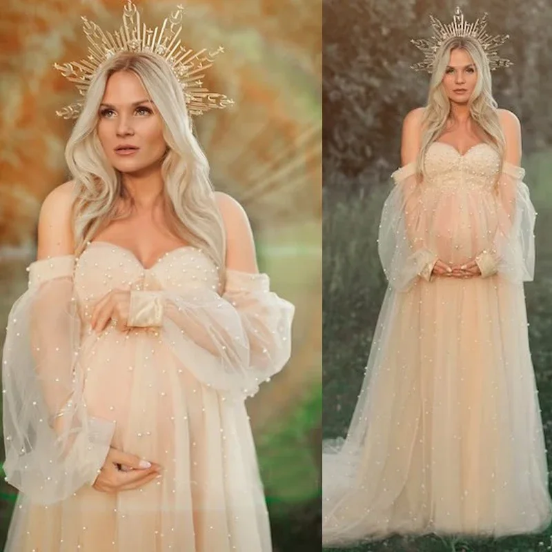 Жемчужное Тюлевое Платье Для Беременных фотосессия Halo Crown SET embarazpara Embarazadas Baby Shower