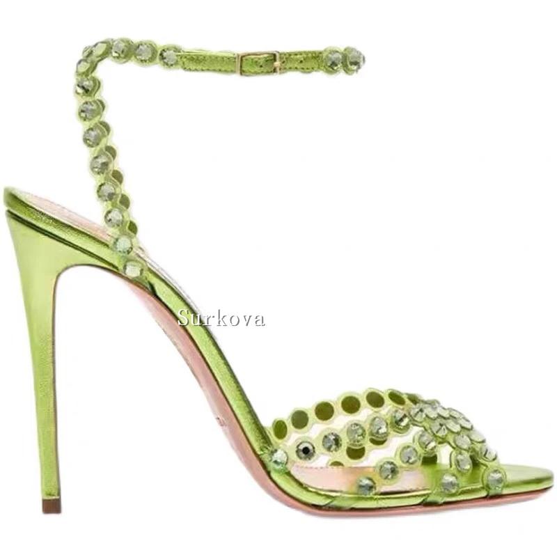 Bling Bling Crystal Sandals Stiletto Heels Colored Rhinestone Slingback Ankle Strap Shoes Women Peep Toe Elegant Wedding Sandals
