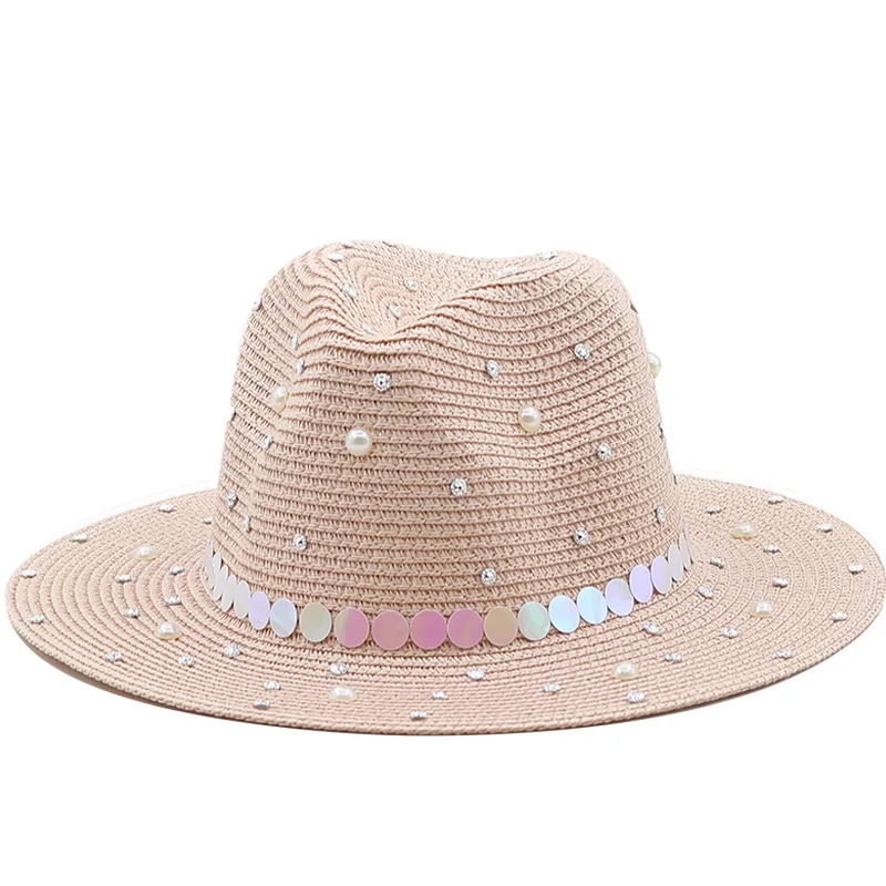 

Women Summer Outdoor Seaside Sun Protection and Shading Fashion Jazz Straw Hat Panama Straw Hat Men and Women Pearl Beach Hat