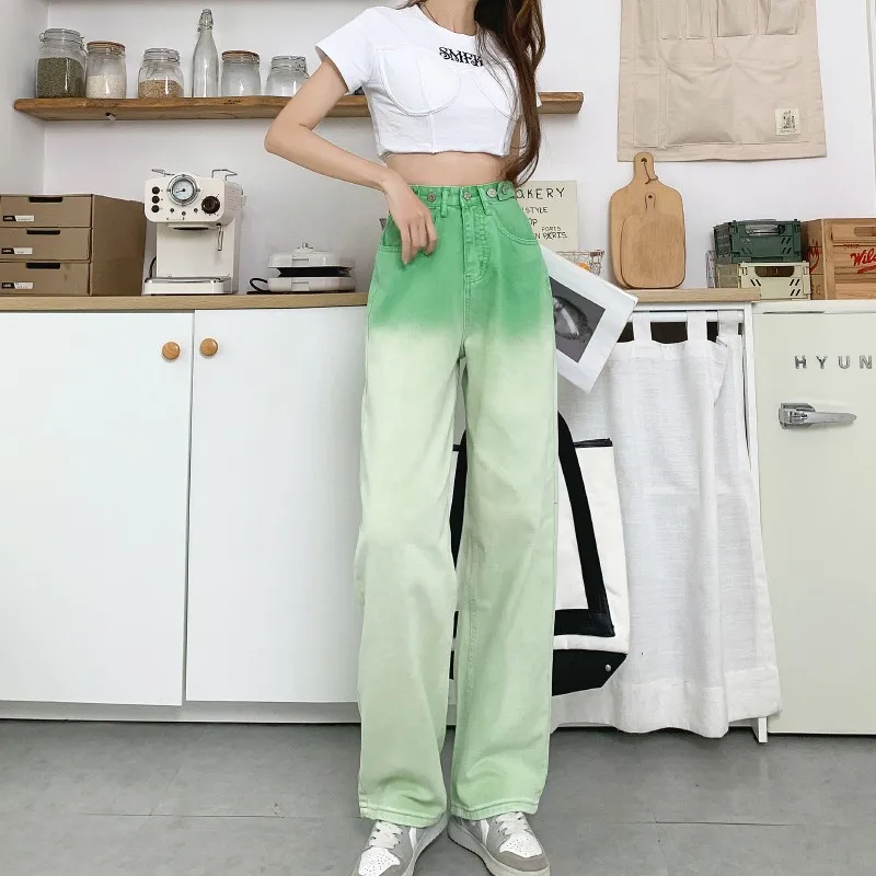 

2022 Autumn Harajuku Streetwear Gradient Colors Jeans Women High Waist Baggy Trousers Loose Korean Wide Leg Casual Denim Pants