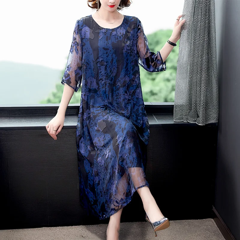 

Summer 2023 Blue Jacquard Natural Silk Maxi Spring Casual Loose Midi prom Dress Elegant Bodycon Party Evening Vestidos