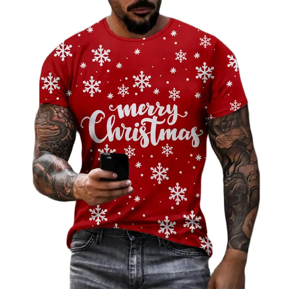 

Men's Happy Birthday T-shirt Santa Claus Alphabet 3D Printing Short Sleeve Round Neck Blue Men's Clothing