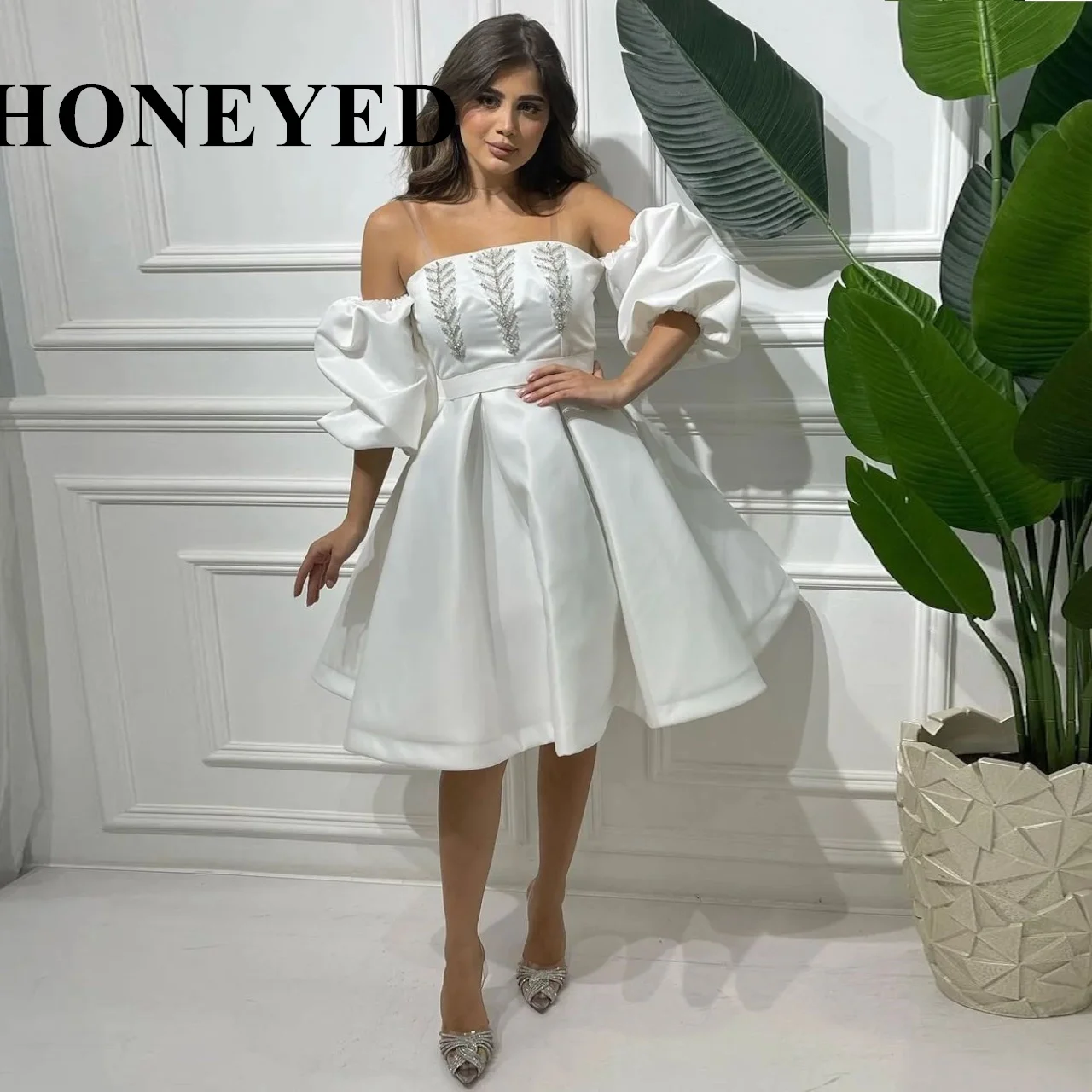 

Vintage Strapless Puff Sleeve Prom Dresses Beadings Knee Length vestidos de novia Party Dresses