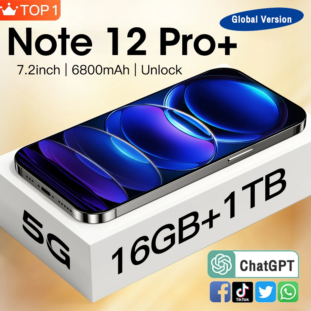 

Смартфон Note 12 Pro +, 7,2 дюйма, 16 + 1 ТБ, 6800 мАч