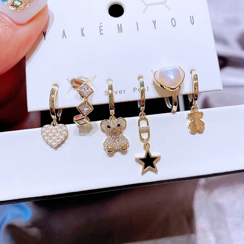 

MIGGA 6pcs Imitation Pearl Heart Cartoon Dangle Earrings Set for Women Gold Color Cubic Zircon Jewelry